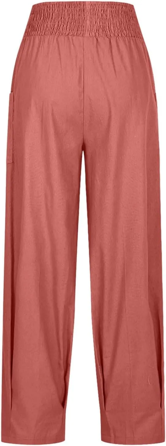 PTOLOCIF Womens Cotton Linen Pants Summer Drawstring Waist Pants Wide Leg Loose Cotton Linen Palazzo Trousers with Pockets