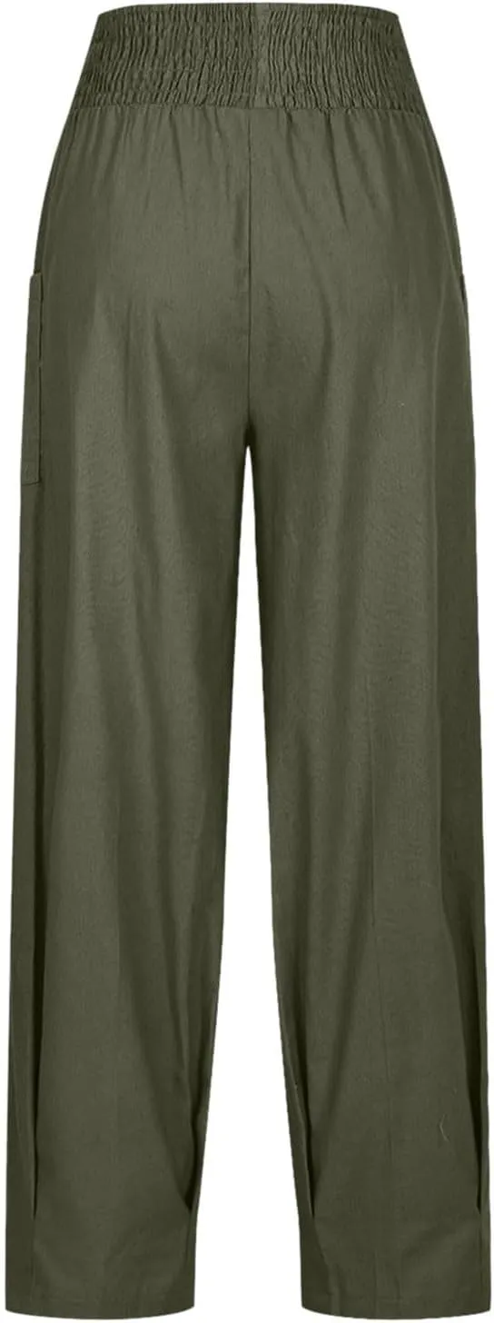 PTOLOCIF Womens Cotton Linen Pants Summer Drawstring Waist Pants Wide Leg Loose Cotton Linen Palazzo Trousers with Pockets
