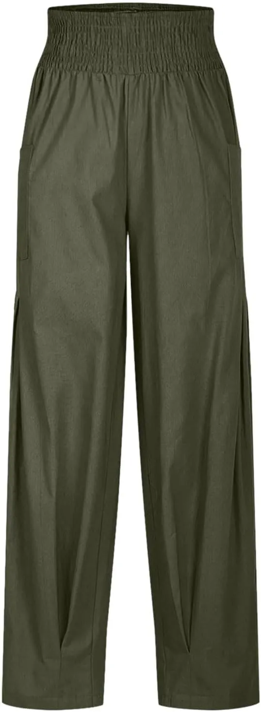 PTOLOCIF Womens Cotton Linen Pants Summer Drawstring Waist Pants Wide Leg Loose Cotton Linen Palazzo Trousers with Pockets