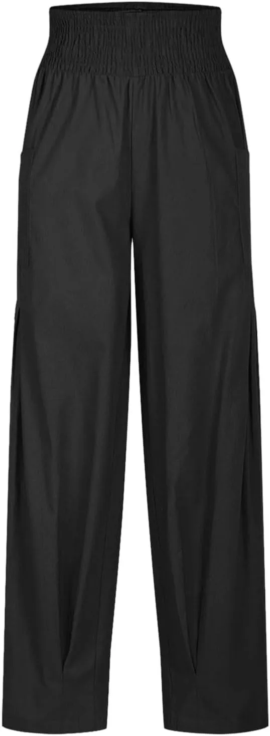 PTOLOCIF Womens Cotton Linen Pants Summer Drawstring Waist Pants Wide Leg Loose Cotton Linen Palazzo Trousers with Pockets