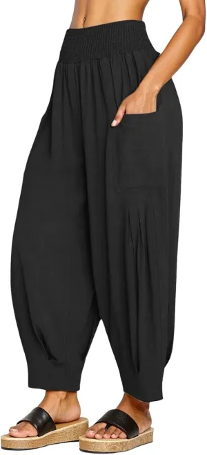 PTOLOCIF Womens Cotton Linen Pants Summer Drawstring Waist Pants Wide Leg Loose Cotton Linen Palazzo Trousers with Pockets