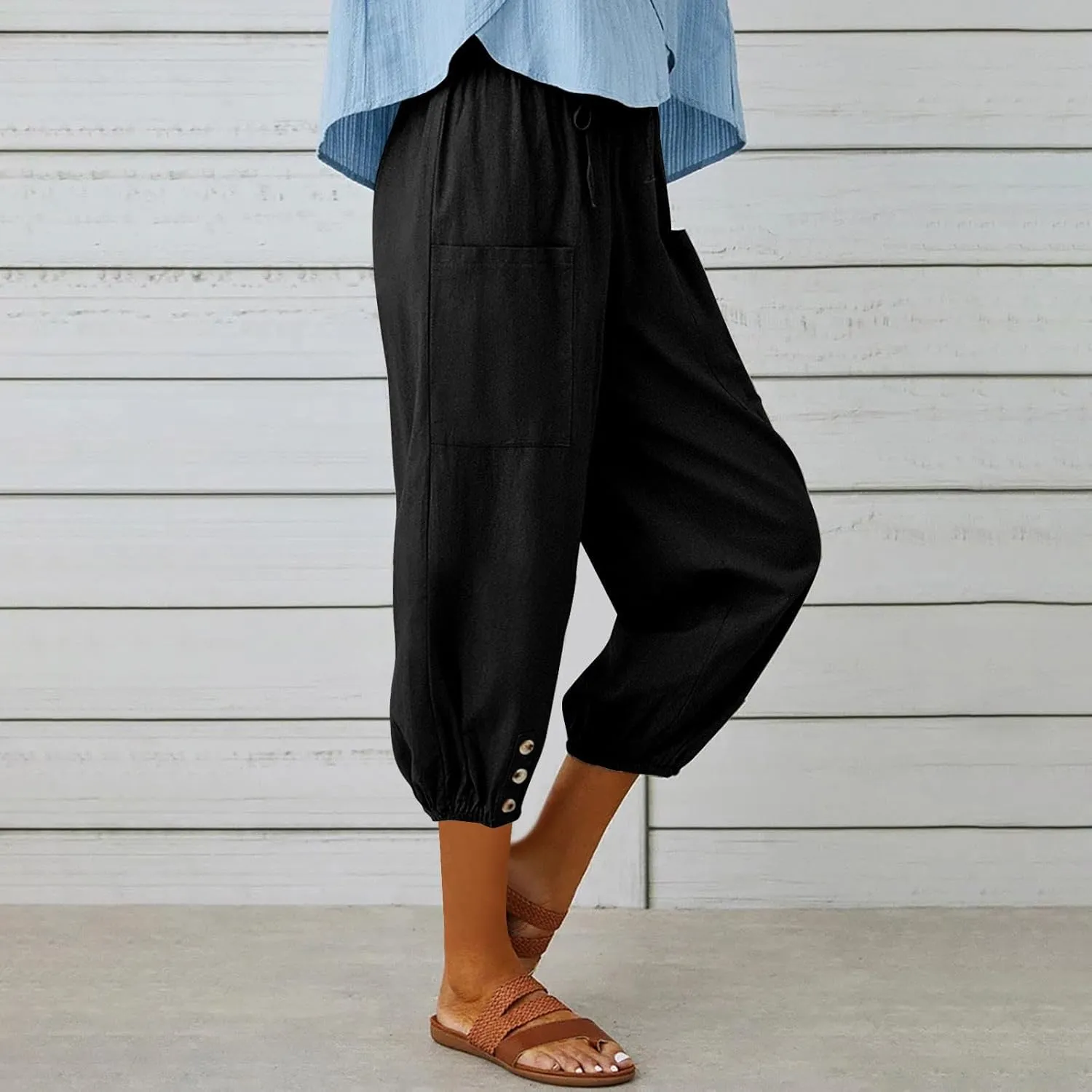 PTOLOCIF Womens Cotton Linen Pants Summer Flowy High Waisted Beach Pants Flowy Wide Leg Palazzo Trousers with Pcokets