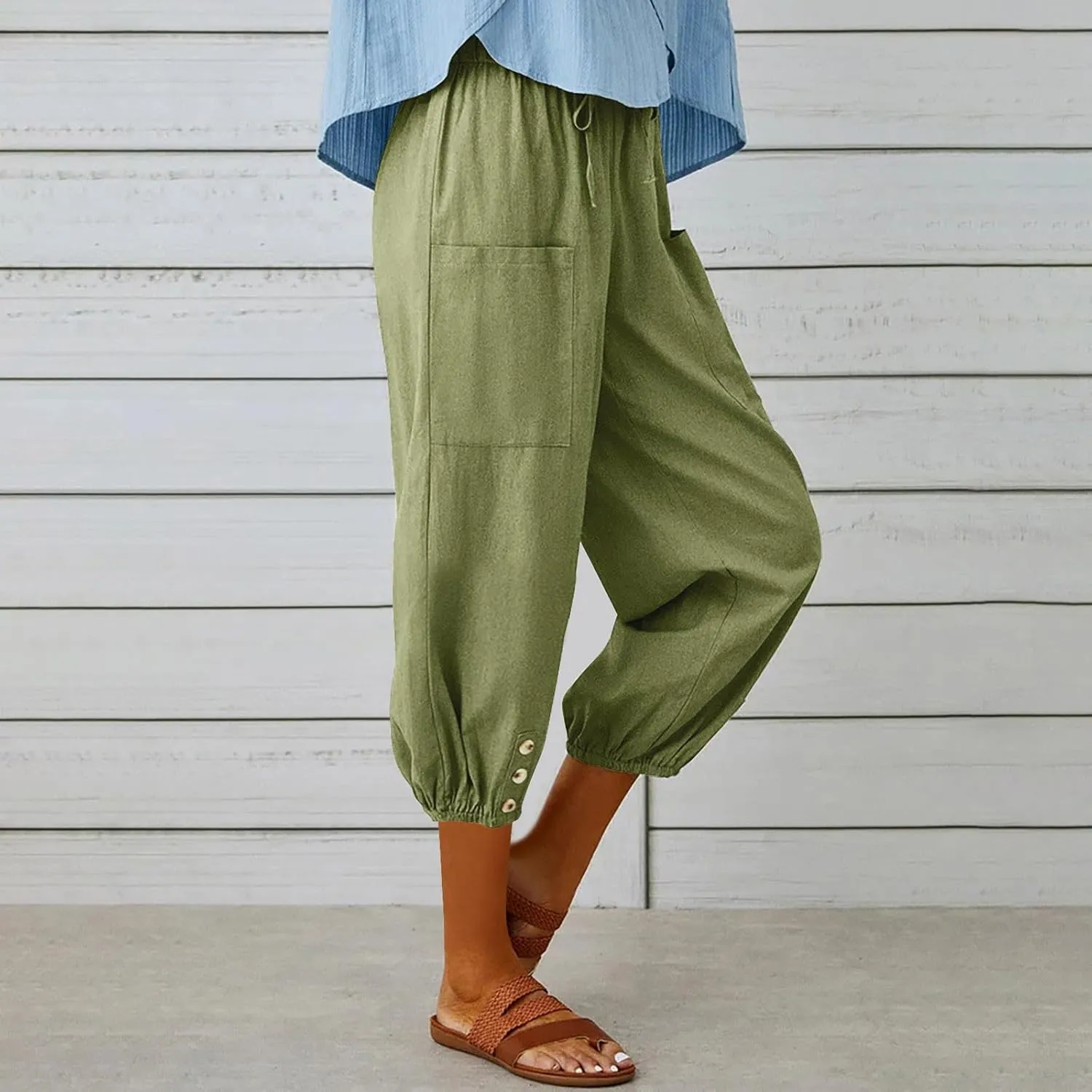 PTOLOCIF Womens Cotton Linen Pants Summer Flowy High Waisted Beach Pants Flowy Wide Leg Palazzo Trousers with Pcokets
