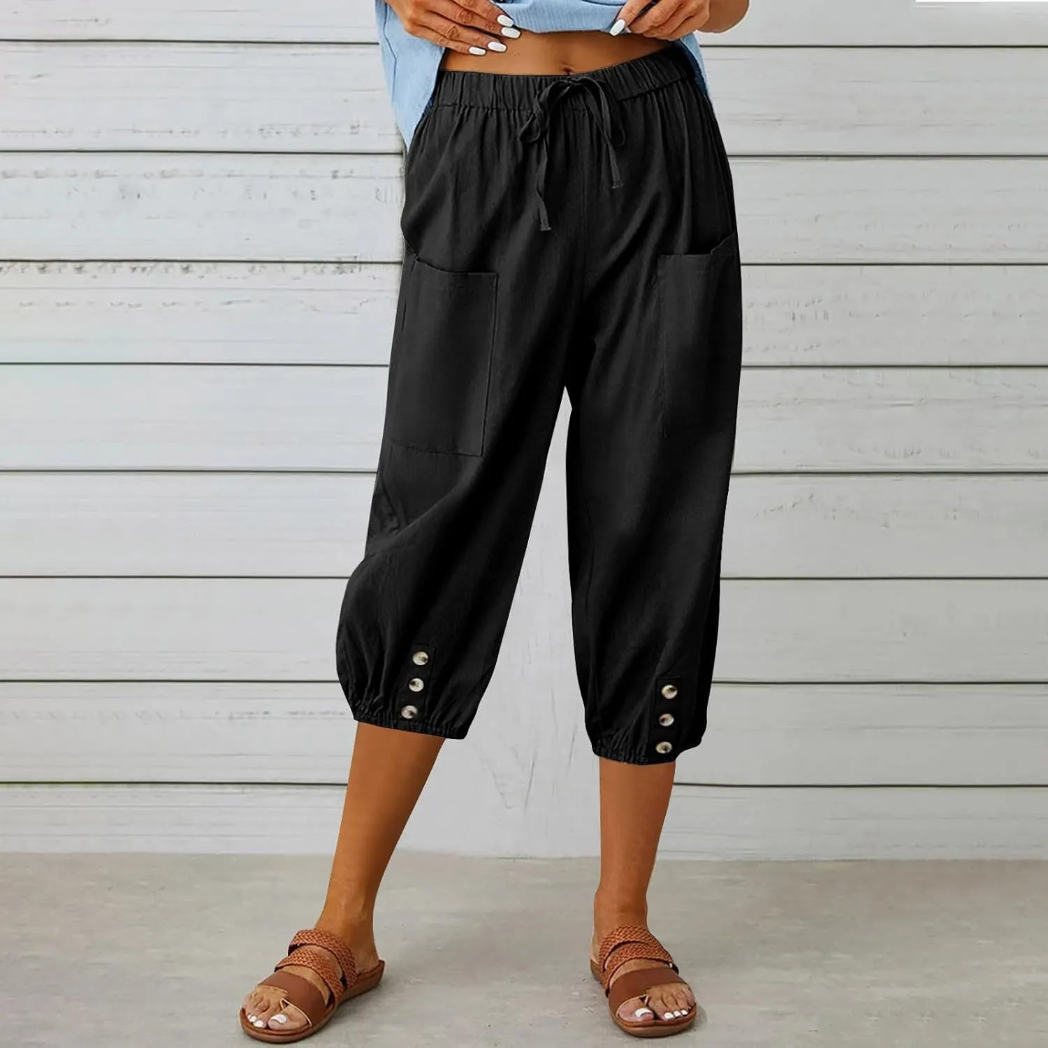 PTOLOCIF Womens Cotton Linen Pants Summer Flowy High Waisted Beach Pants Flowy Wide Leg Palazzo Trousers with Pcokets