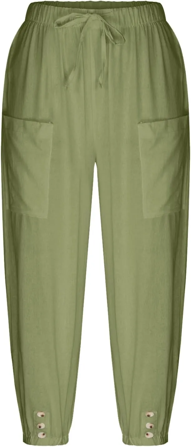 PTOLOCIF Womens Cotton Linen Pants Summer Flowy High Waisted Beach Pants Flowy Wide Leg Palazzo Trousers with Pcokets