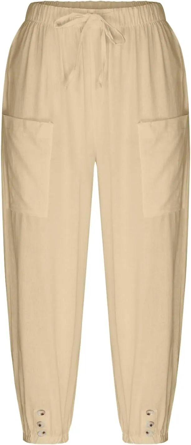 PTOLOCIF Womens Cotton Linen Pants Summer Flowy High Waisted Beach Pants Flowy Wide Leg Palazzo Trousers with Pcokets