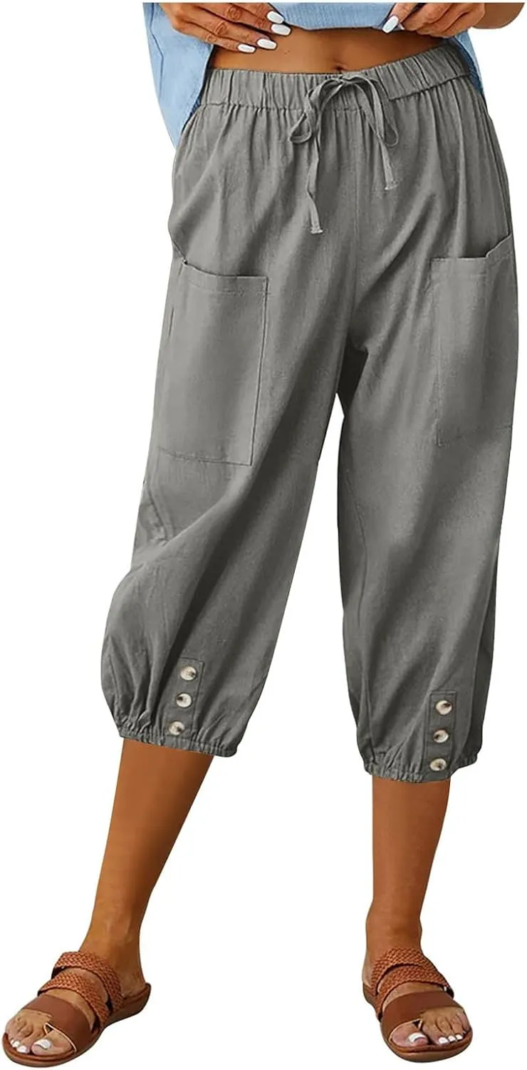 PTOLOCIF Womens Cotton Linen Pants Summer Flowy High Waisted Beach Pants Flowy Wide Leg Palazzo Trousers with Pcokets