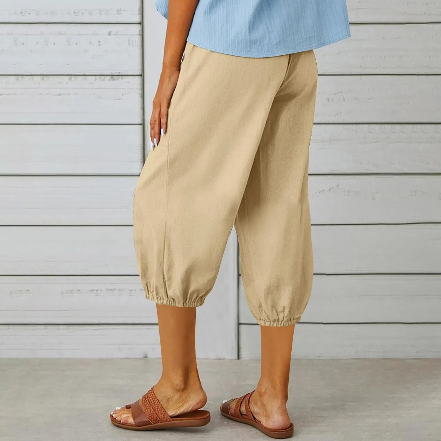 PTOLOCIF Womens Cotton Linen Pants Summer Flowy High Waisted Beach Pants Flowy Wide Leg Palazzo Trousers with Pcokets
