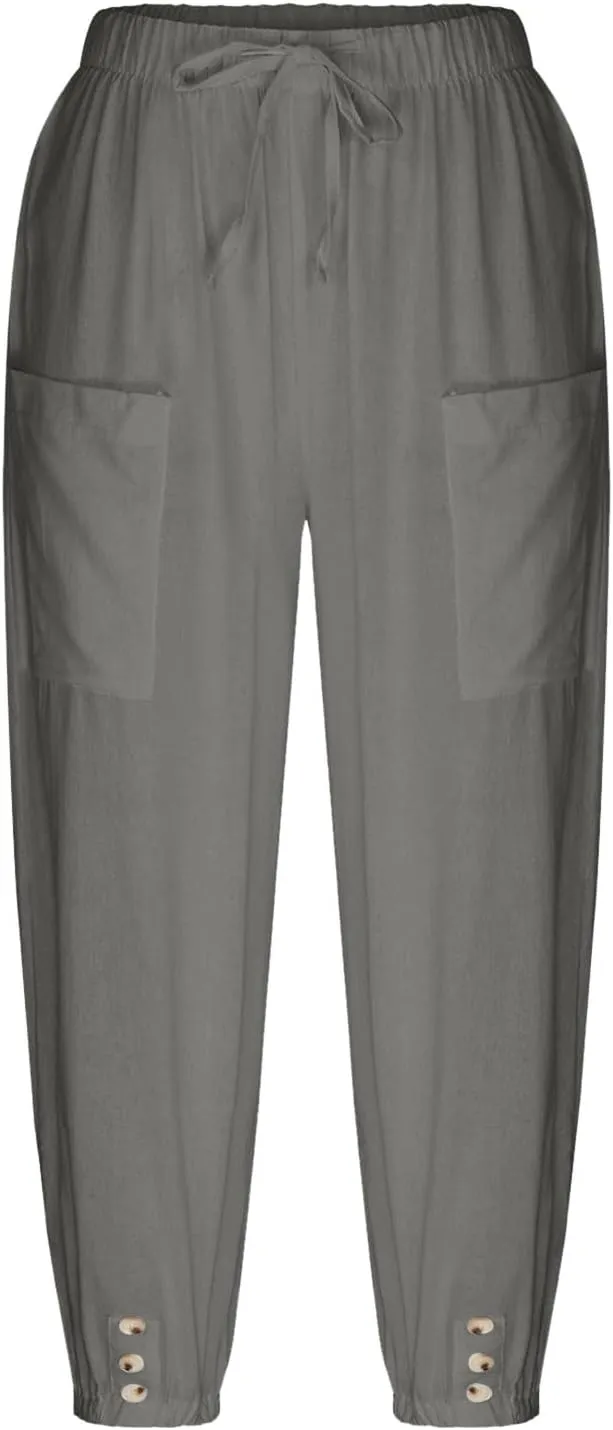 PTOLOCIF Womens Cotton Linen Pants Summer Flowy High Waisted Beach Pants Flowy Wide Leg Palazzo Trousers with Pcokets