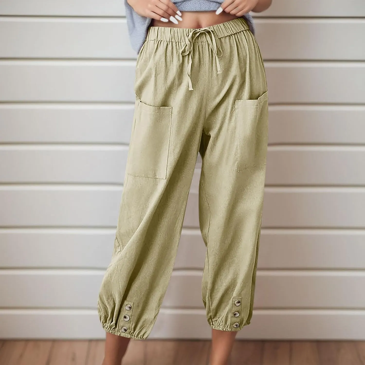 PTOLOCIF Womens Cotton Linen Pants Summer Flowy High Waisted Beach Pants Flowy Wide Leg Palazzo Trousers with Pcokets