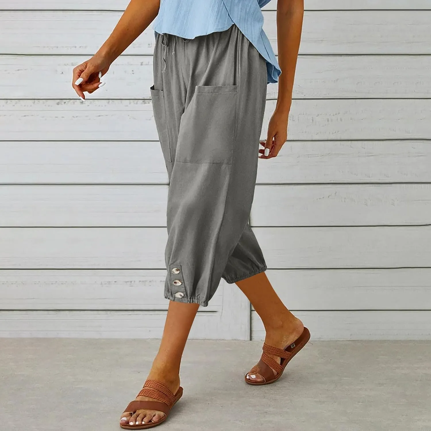 PTOLOCIF Womens Cotton Linen Pants Summer Flowy High Waisted Beach Pants Flowy Wide Leg Palazzo Trousers with Pcokets