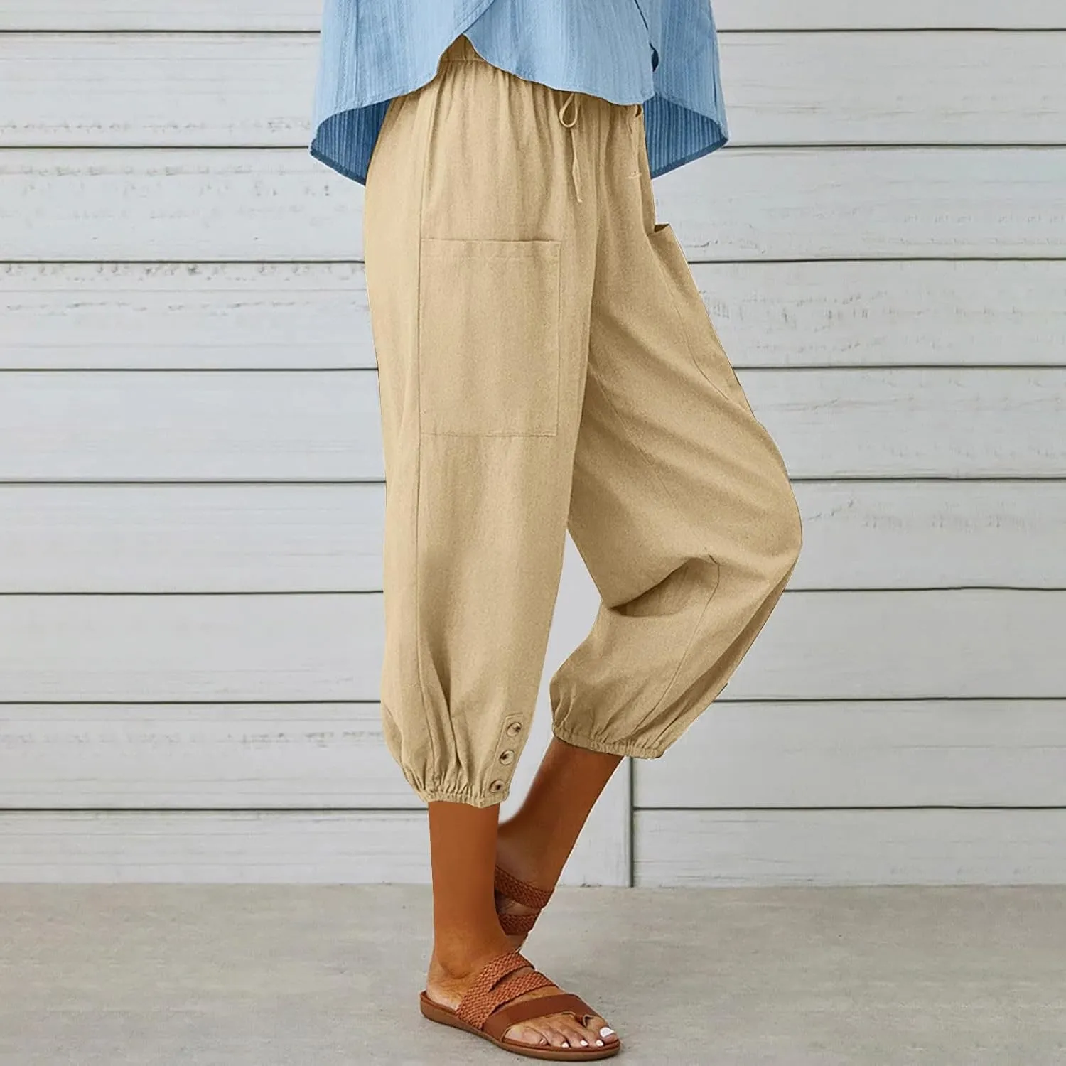 PTOLOCIF Womens Cotton Linen Pants Summer Flowy High Waisted Beach Pants Flowy Wide Leg Palazzo Trousers with Pcokets