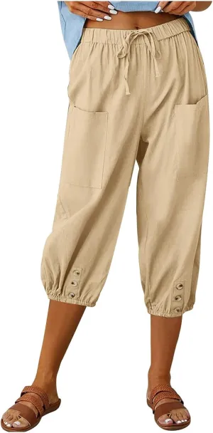 PTOLOCIF Womens Cotton Linen Pants Summer Flowy High Waisted Beach Pants Flowy Wide Leg Palazzo Trousers with Pcokets