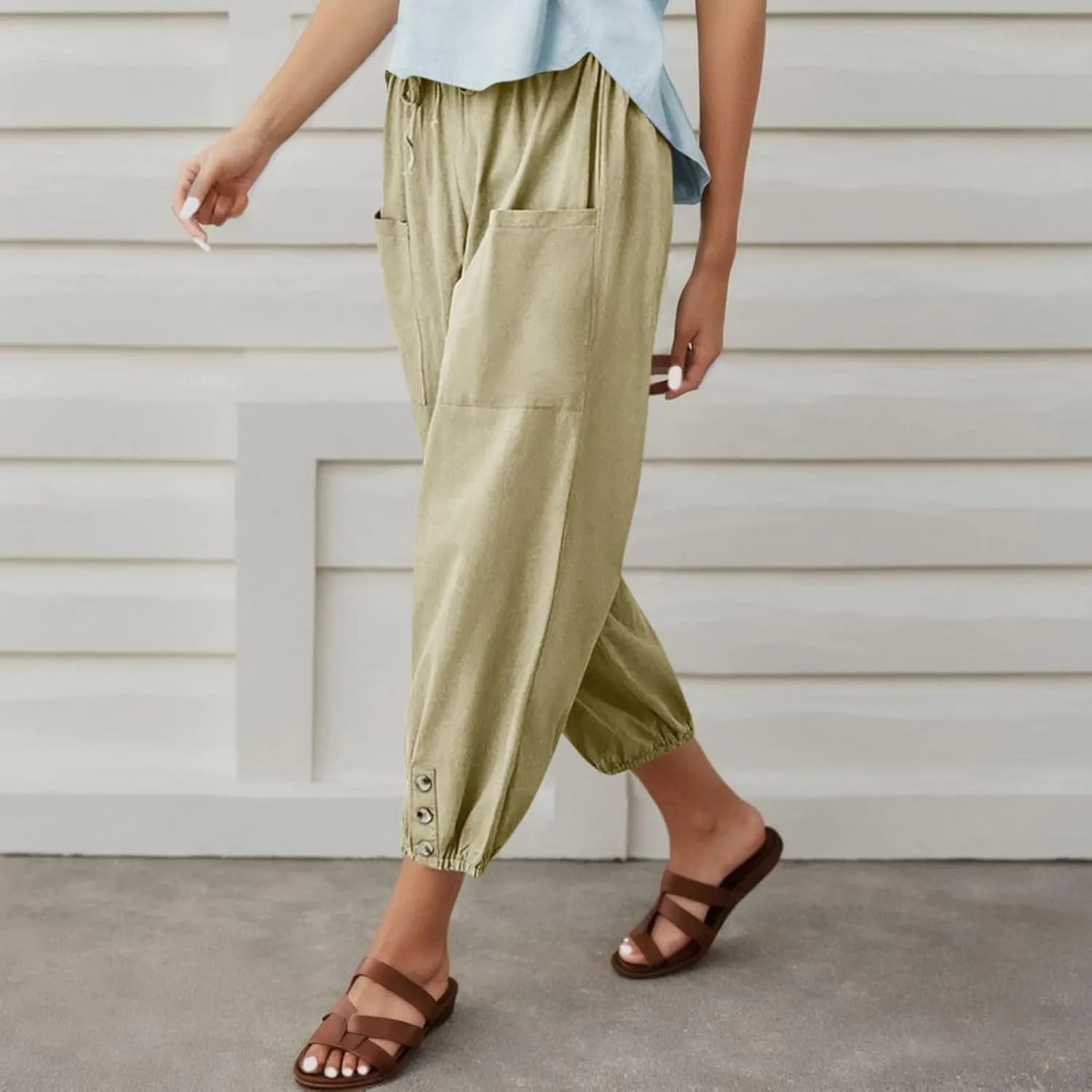 PTOLOCIF Womens Cotton Linen Pants Summer Flowy High Waisted Beach Pants Flowy Wide Leg Palazzo Trousers with Pcokets