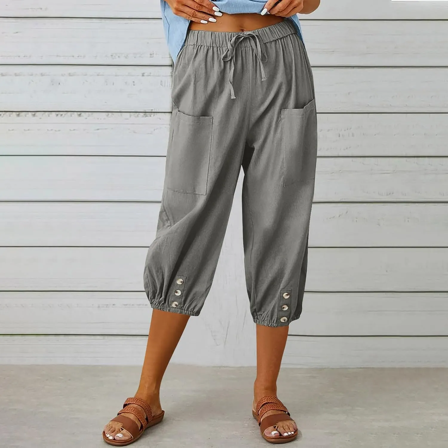 PTOLOCIF Womens Cotton Linen Pants Summer Flowy High Waisted Beach Pants Flowy Wide Leg Palazzo Trousers with Pcokets