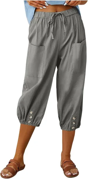 PTOLOCIF Womens Cotton Linen Pants Summer Flowy High Waisted Beach Pants Flowy Wide Leg Palazzo Trousers with Pcokets