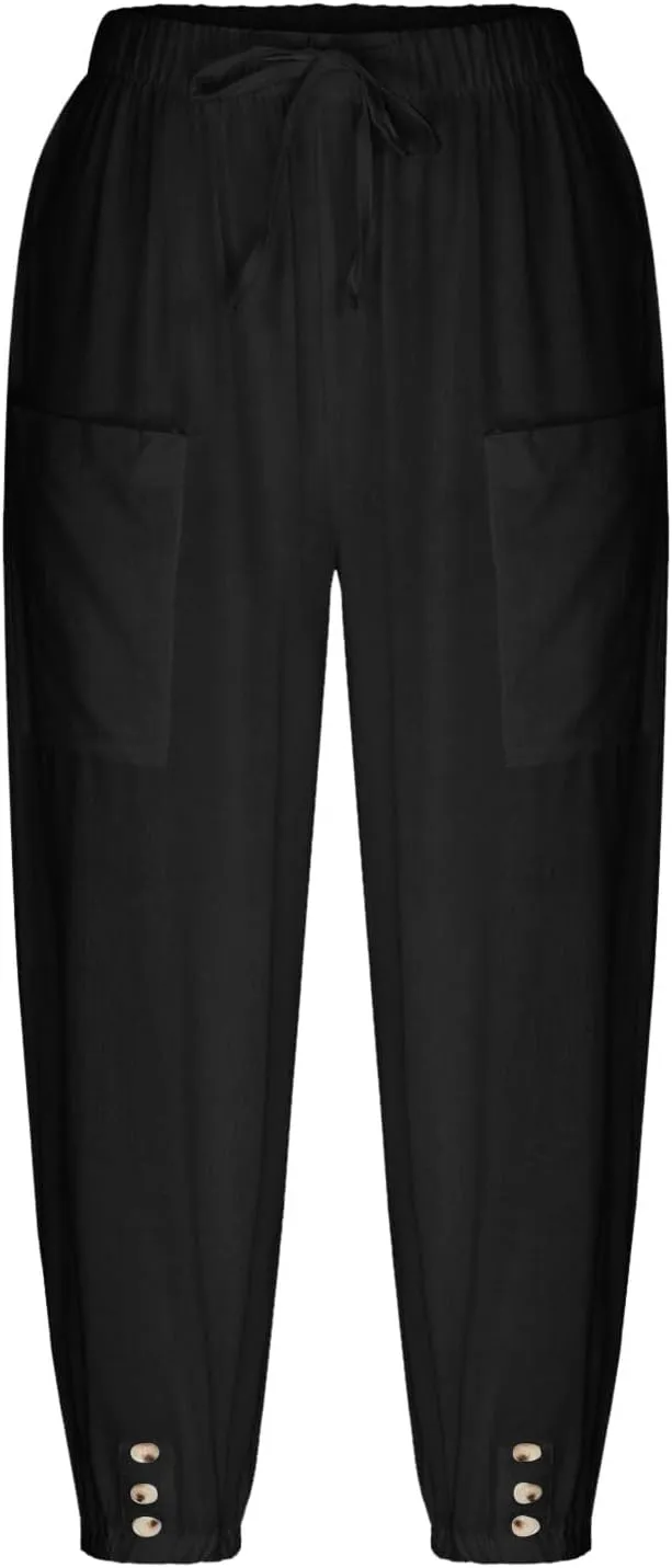 PTOLOCIF Womens Cotton Linen Pants Summer Flowy High Waisted Beach Pants Flowy Wide Leg Palazzo Trousers with Pcokets