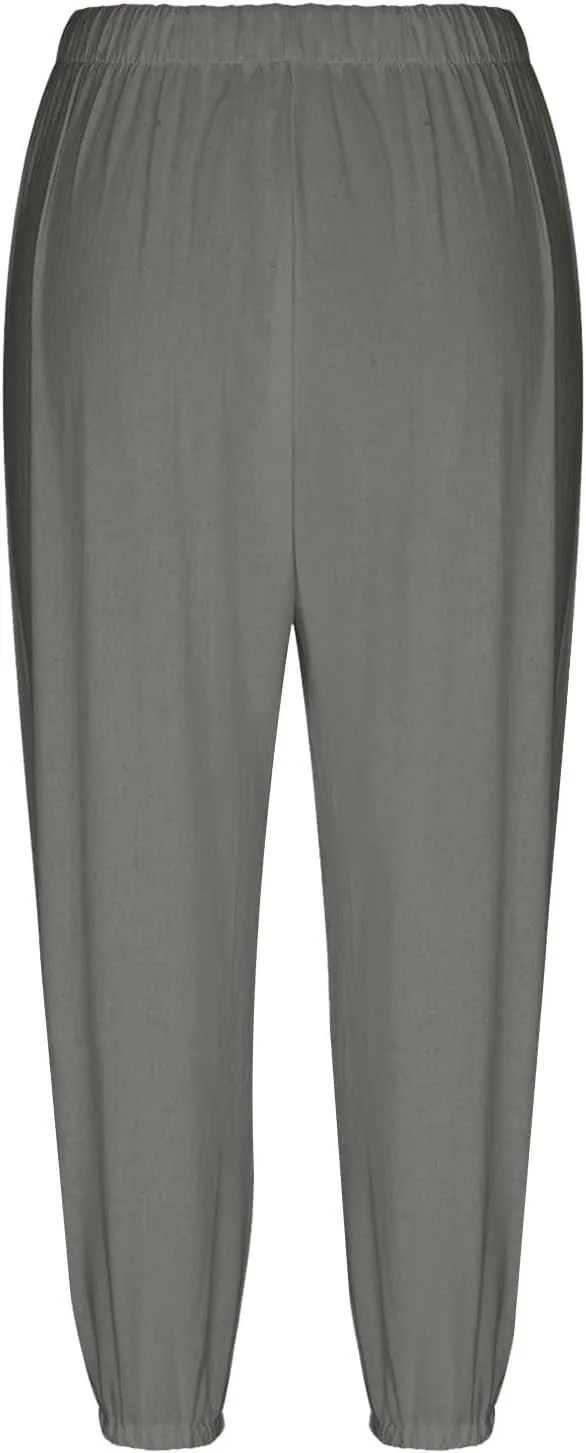 PTOLOCIF Womens Cotton Linen Pants Summer Flowy High Waisted Beach Pants Flowy Wide Leg Palazzo Trousers with Pcokets