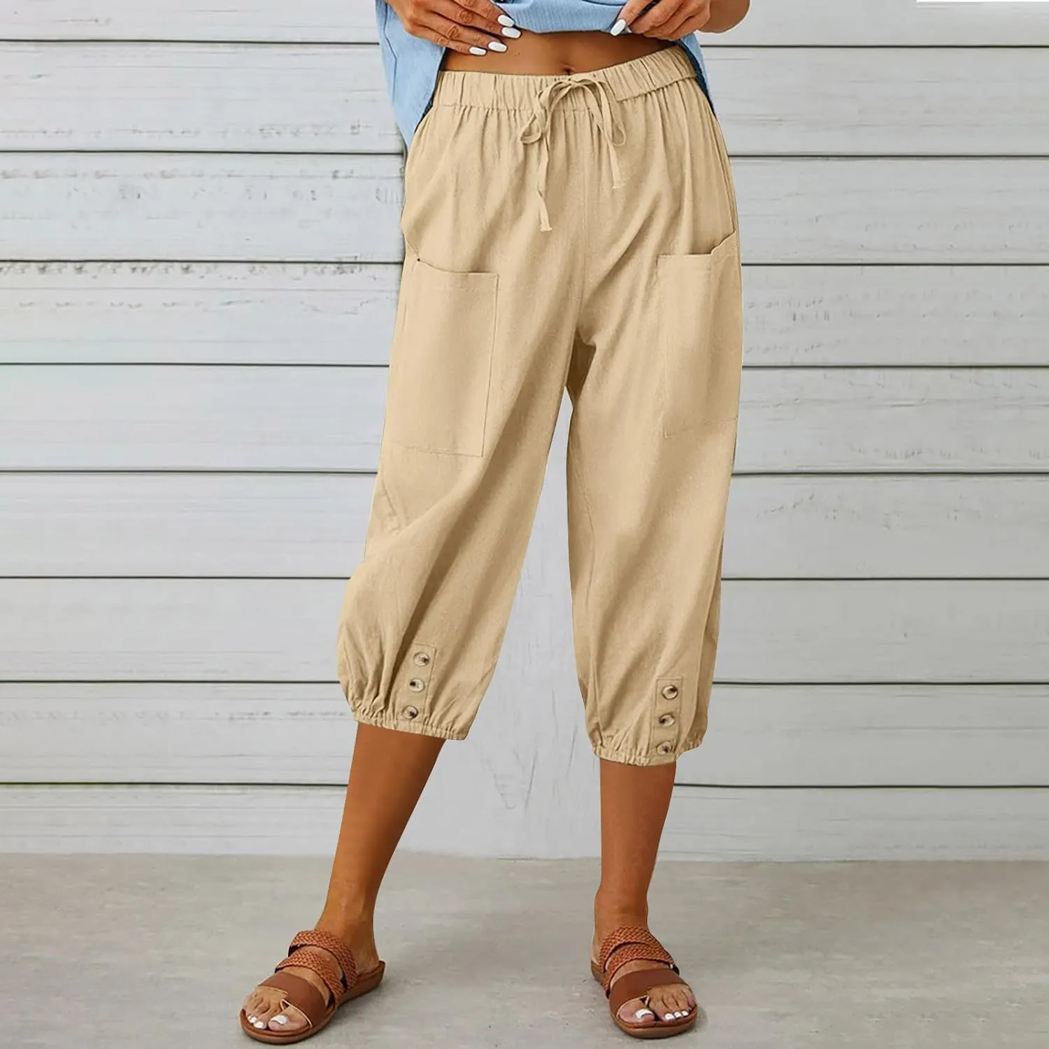 PTOLOCIF Womens Cotton Linen Pants Summer Flowy High Waisted Beach Pants Flowy Wide Leg Palazzo Trousers with Pcokets
