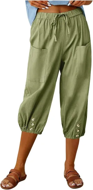 PTOLOCIF Womens Cotton Linen Pants Summer Flowy High Waisted Beach Pants Flowy Wide Leg Palazzo Trousers with Pcokets