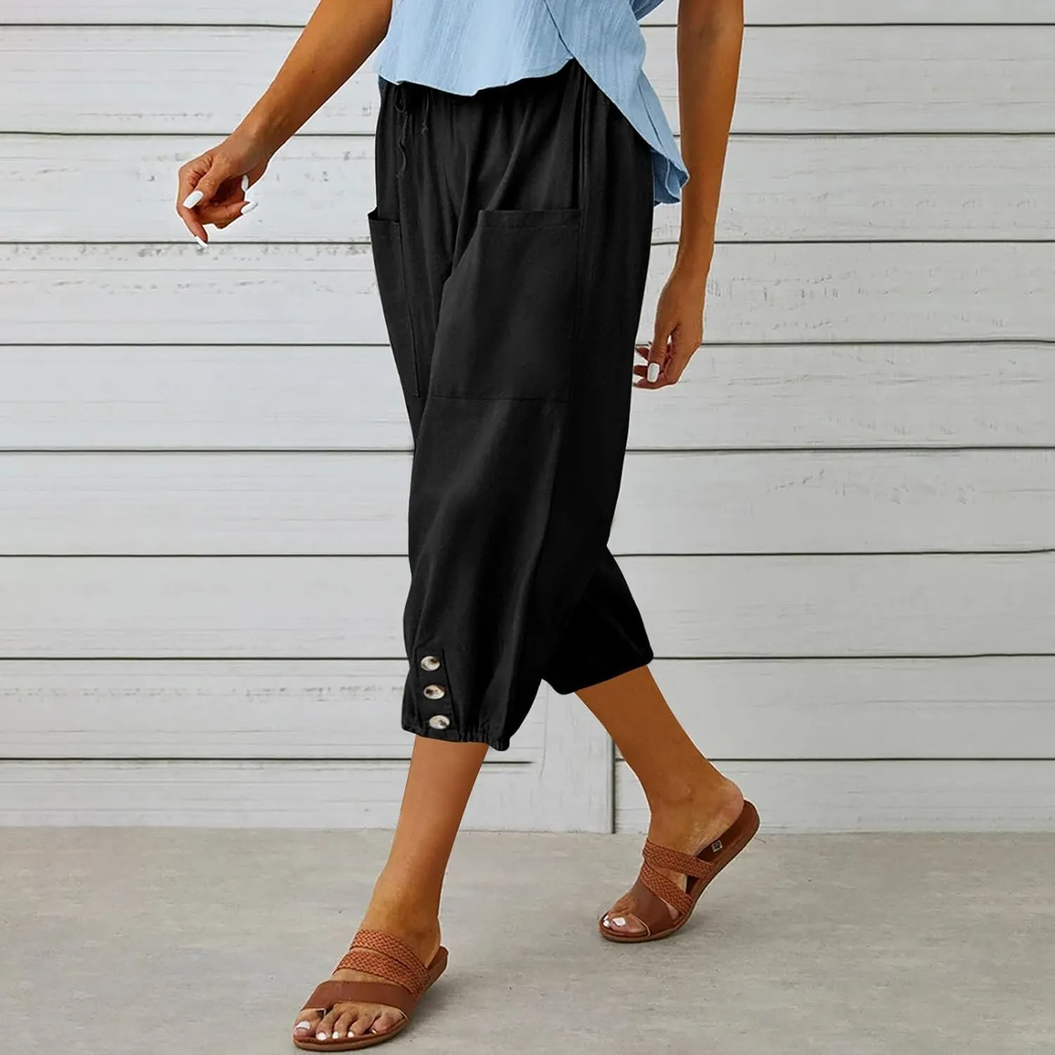 PTOLOCIF Womens Cotton Linen Pants Summer Flowy High Waisted Beach Pants Flowy Wide Leg Palazzo Trousers with Pcokets