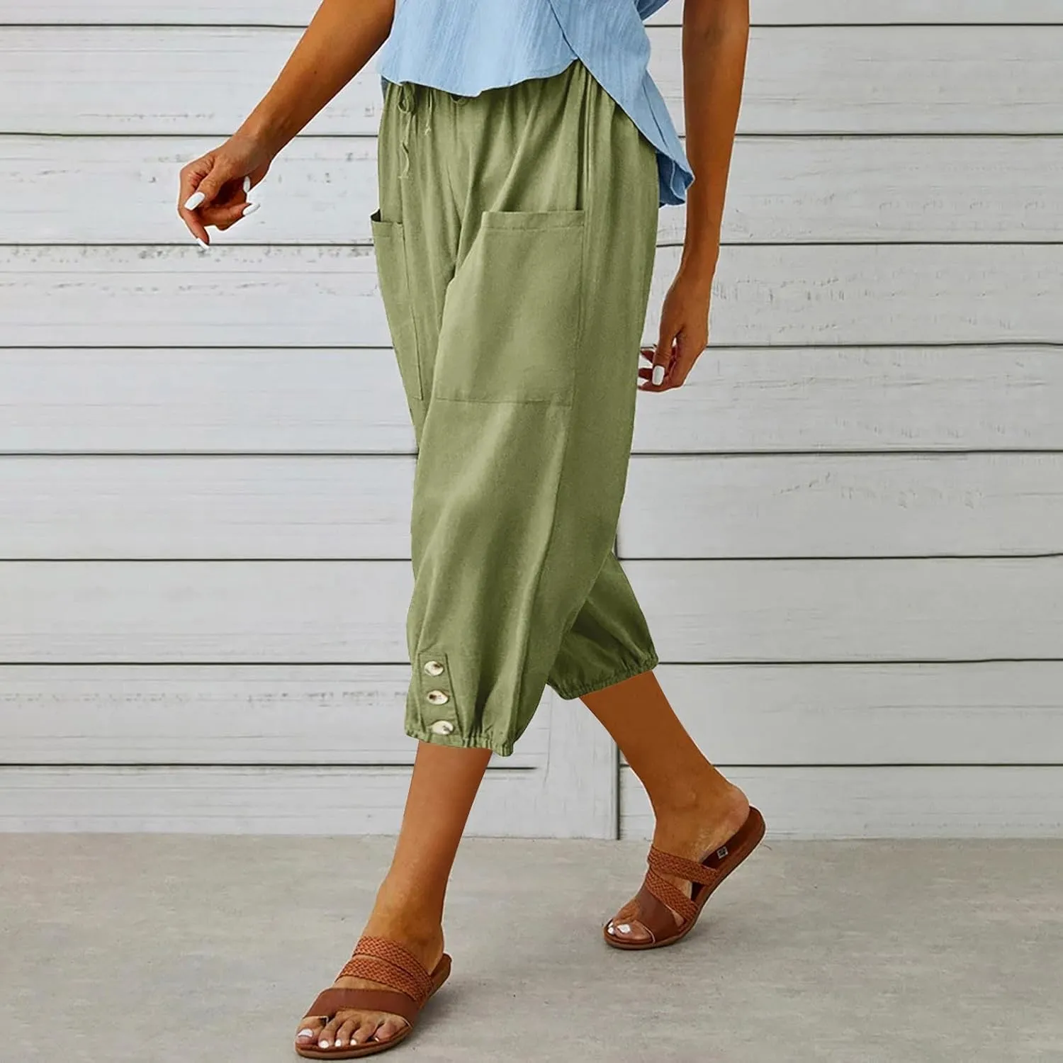 PTOLOCIF Womens Cotton Linen Pants Summer Flowy High Waisted Beach Pants Flowy Wide Leg Palazzo Trousers with Pcokets