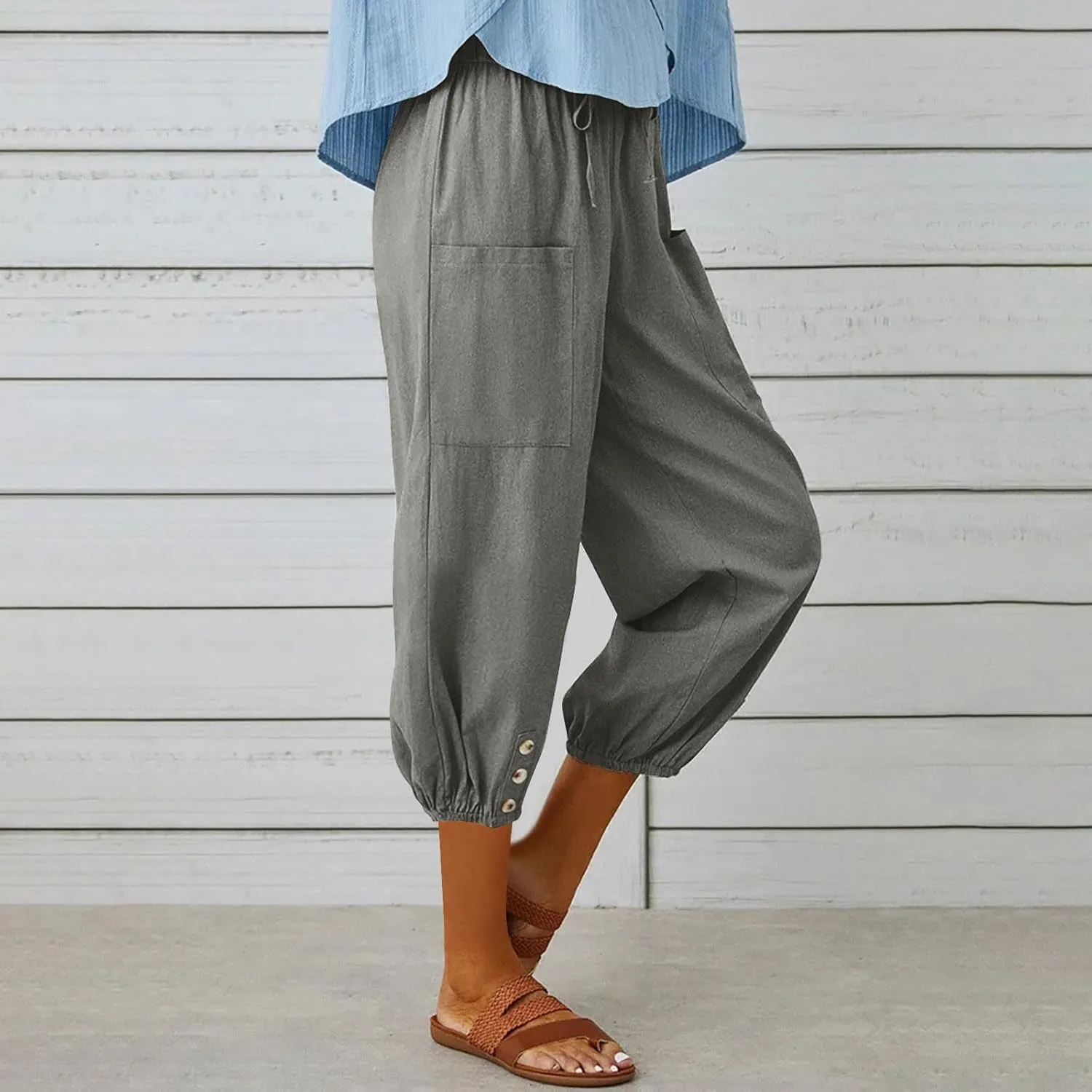 PTOLOCIF Womens Cotton Linen Pants Summer Flowy High Waisted Beach Pants Flowy Wide Leg Palazzo Trousers with Pcokets