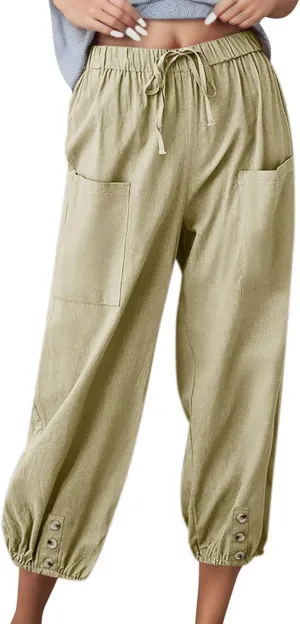 PTOLOCIF Womens Cotton Linen Pants Summer Flowy High Waisted Beach Pants Flowy Wide Leg Palazzo Trousers with Pcokets