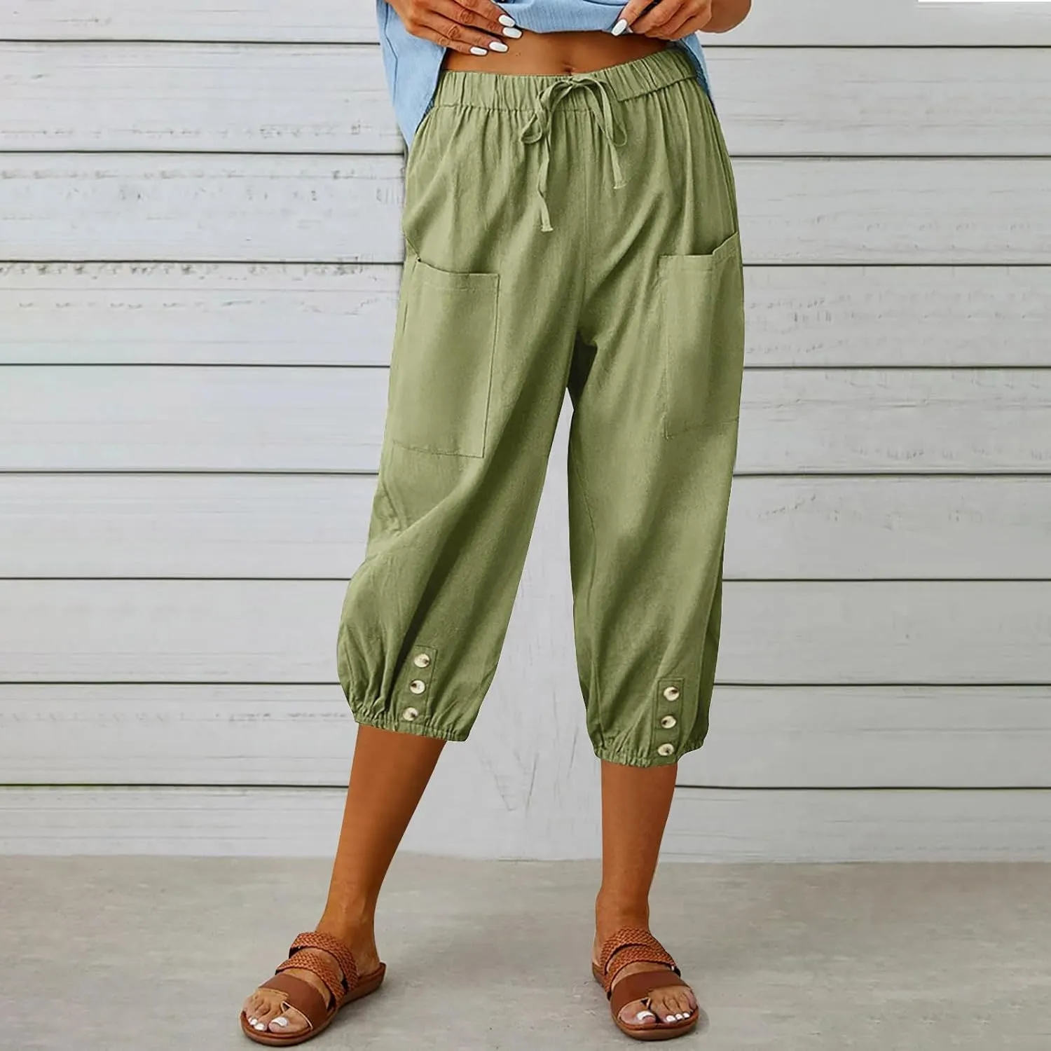 PTOLOCIF Womens Cotton Linen Pants Summer Flowy High Waisted Beach Pants Flowy Wide Leg Palazzo Trousers with Pcokets