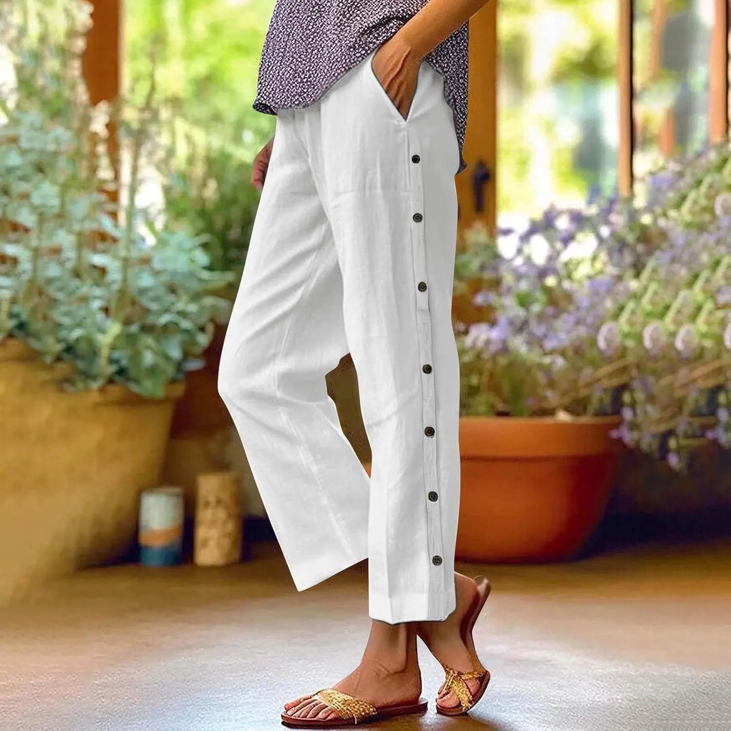 PTOLOCIF Womens Cotton Linen Pants Summer Wide Leg Casual Loose Pant Drawstring High Waist Palazzo Pant Trousers with Pockets