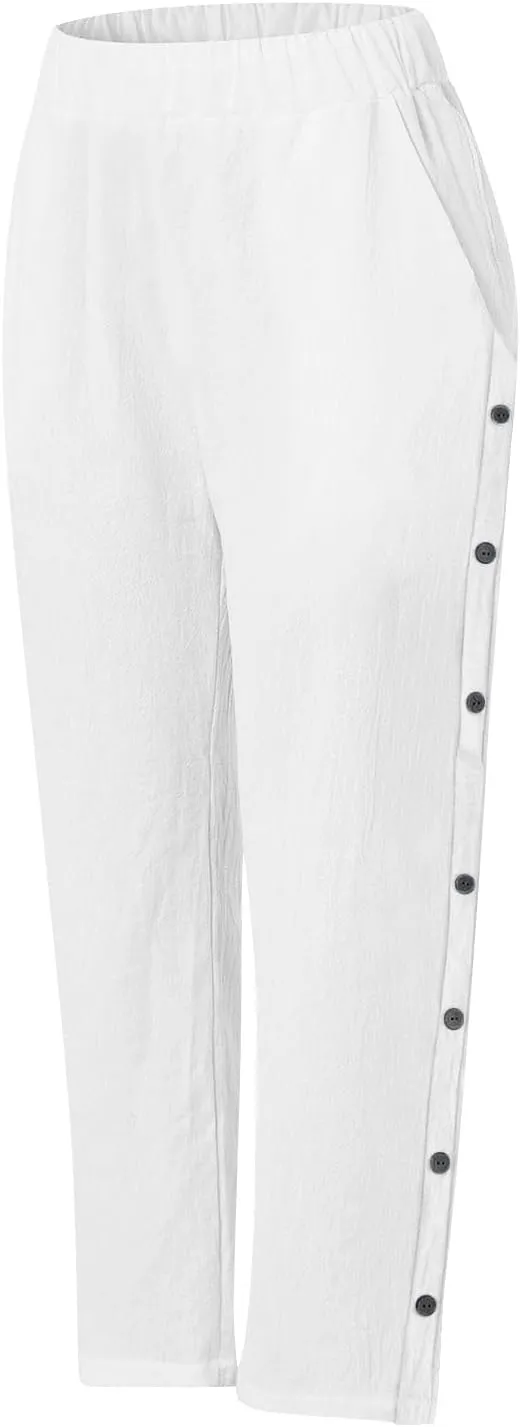 PTOLOCIF Womens Cotton Linen Pants Summer Wide Leg Casual Loose Pant Drawstring High Waist Palazzo Pant Trousers with Pockets