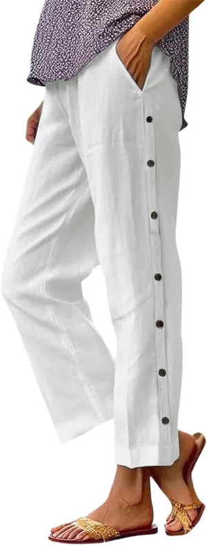 PTOLOCIF Womens Cotton Linen Pants Summer Wide Leg Casual Loose Pant Drawstring High Waist Palazzo Pant Trousers with Pockets