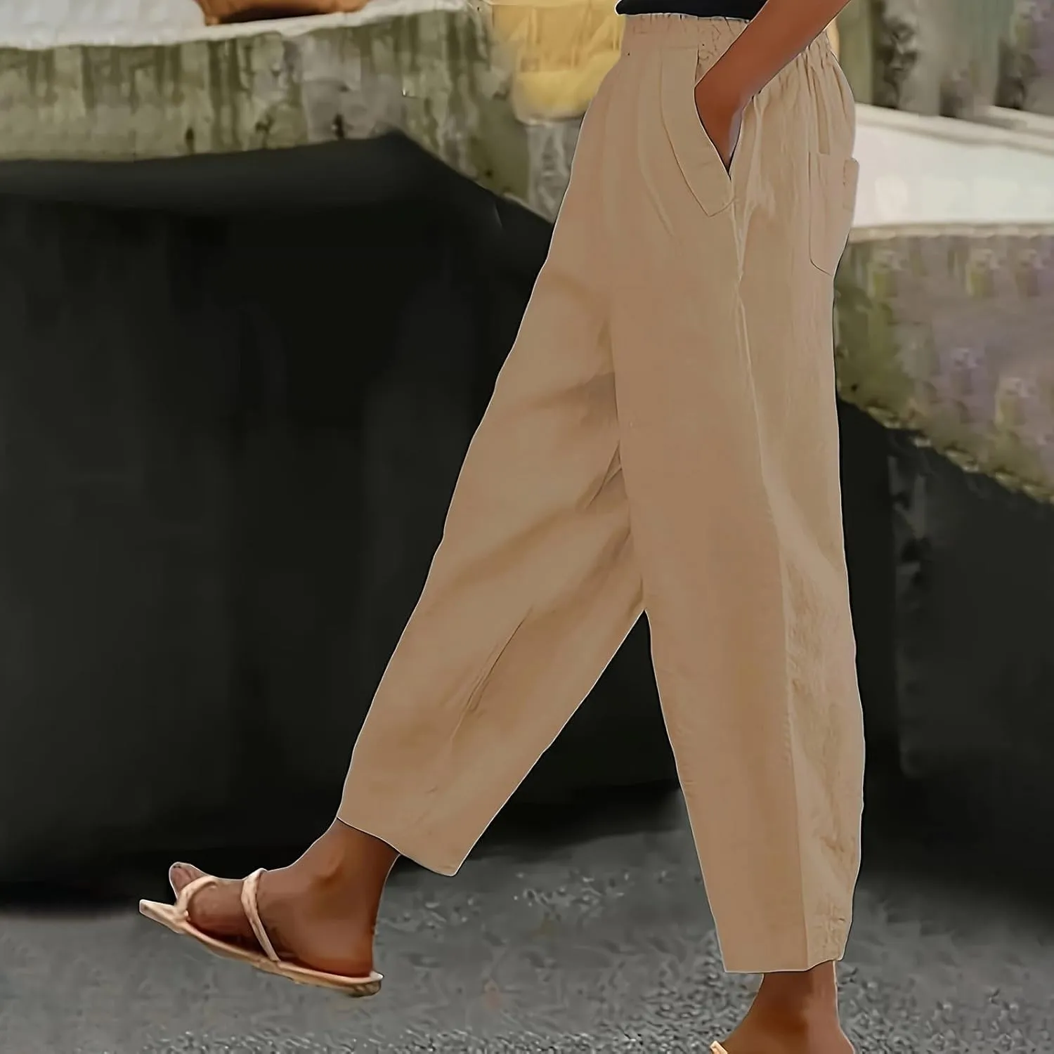 PTOLOCIF Women's Cotton Linen Pants Wide Leg Pants Casual Loose Drawstring Pant Summer Palazzo Harem Trousers with Pockets