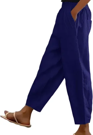 PTOLOCIF Women's Cotton Linen Pants Wide Leg Pants Casual Loose Drawstring Pant Summer Palazzo Harem Trousers with Pockets
