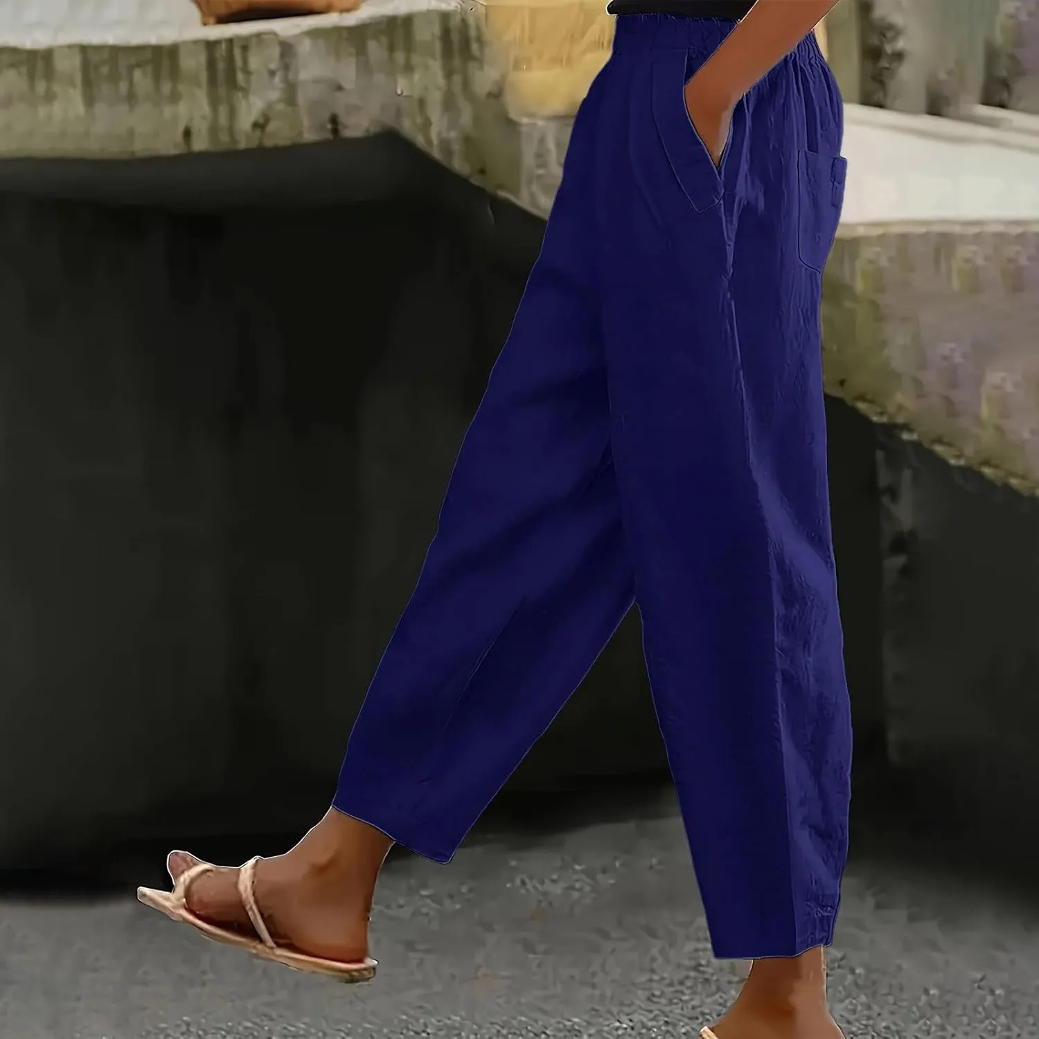 PTOLOCIF Women's Cotton Linen Pants Wide Leg Pants Casual Loose Drawstring Pant Summer Palazzo Harem Trousers with Pockets