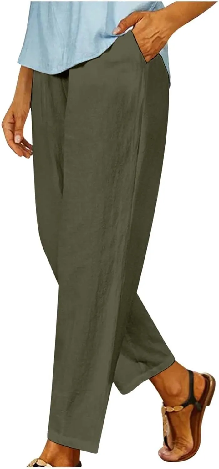 PTOLOCIF Women's Linen Blend Pants Straight Leg Dress Pants High Waist Cotton Linen Pant Flowy Wide Leg Summer Boho Trousers