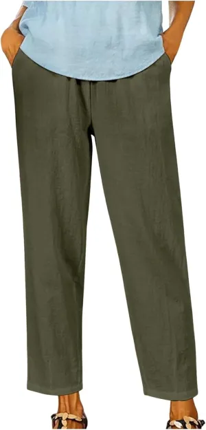 PTOLOCIF Women's Linen Blend Pants Straight Leg Dress Pants High Waist Cotton Linen Pant Flowy Wide Leg Summer Boho Trousers