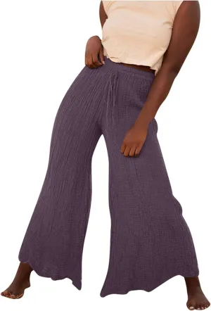PTOLOCIF Women's Linen Blend Pants Summer Drawstring Wide Leg Pants Loose Casual Cotton Linen Palazzo Pant with Pockets