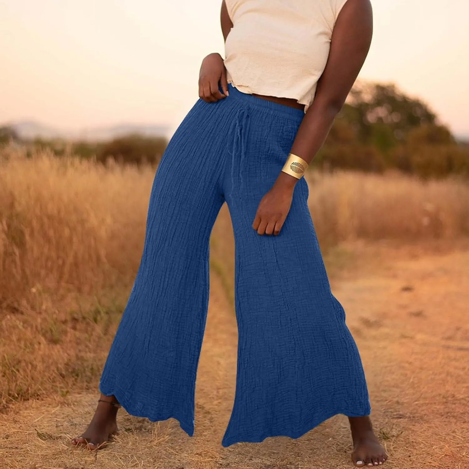 PTOLOCIF Women's Linen Blend Pants Summer Drawstring Wide Leg Pants Loose Casual Cotton Linen Palazzo Pant with Pockets