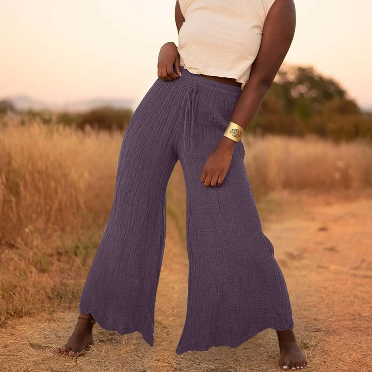 PTOLOCIF Women's Linen Blend Pants Summer Drawstring Wide Leg Pants Loose Casual Cotton Linen Palazzo Pant with Pockets