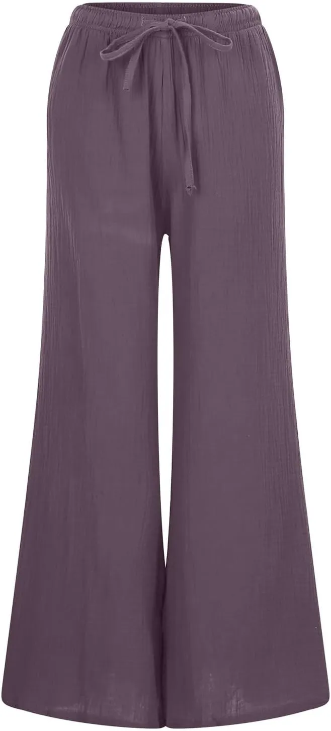 PTOLOCIF Women's Linen Blend Pants Summer Drawstring Wide Leg Pants Loose Casual Cotton Linen Palazzo Pant with Pockets