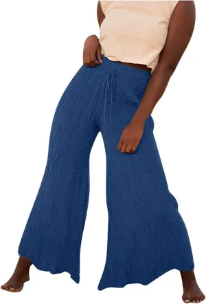 PTOLOCIF Women's Linen Blend Pants Summer Drawstring Wide Leg Pants Loose Casual Cotton Linen Palazzo Pant with Pockets