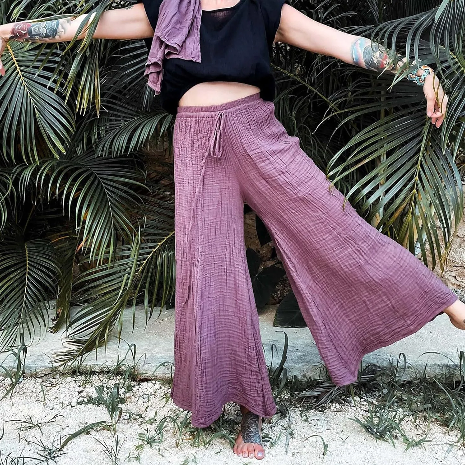 PTOLOCIF Women's Linen Blend Pants Summer Drawstring Wide Leg Pants Loose Casual Cotton Linen Palazzo Pant with Pockets