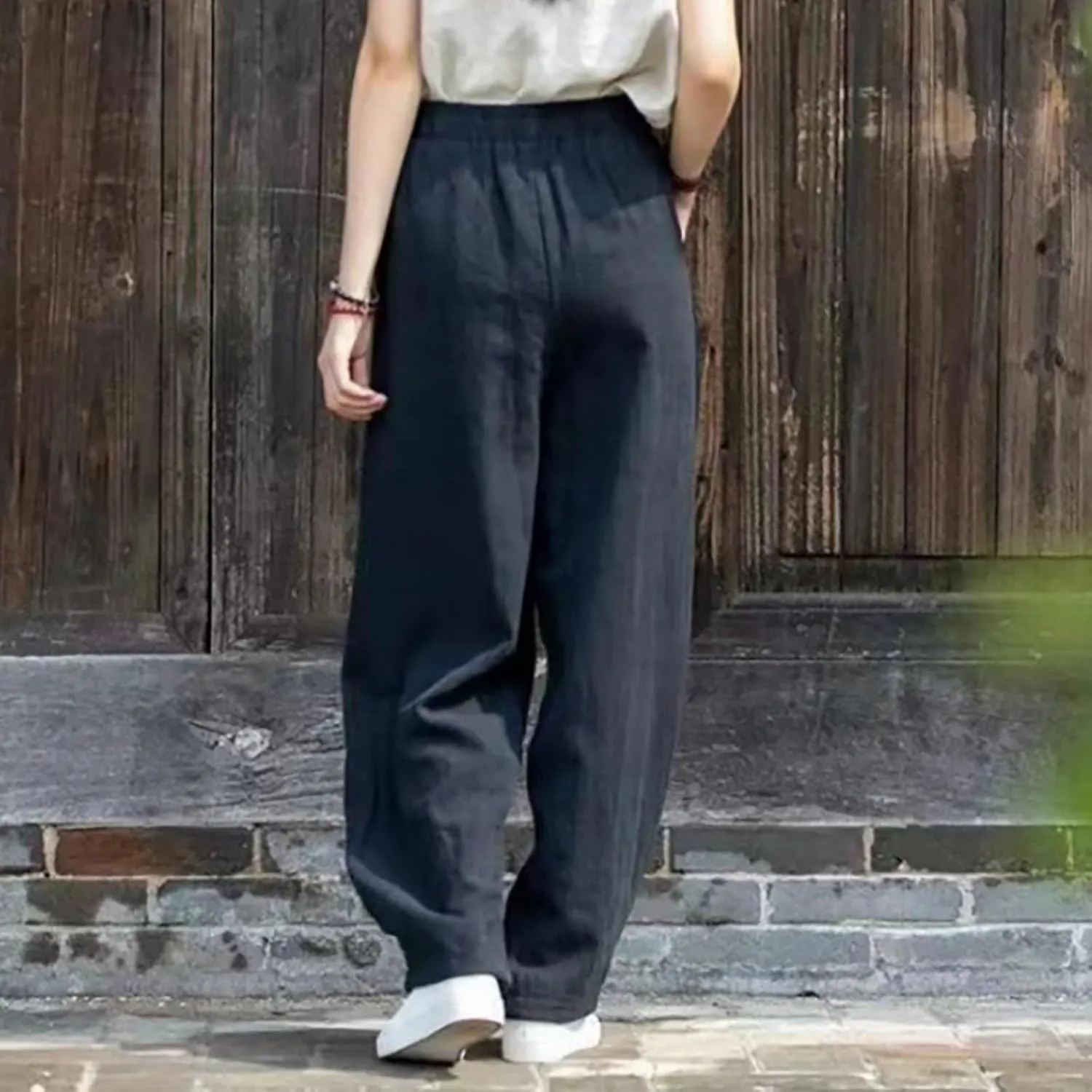 PTOLOCIF Womens Linen Pants Summer Wide Leg Casual Loose Pants High Waist Drawstring Palazzo Capris Trousers with Pockets