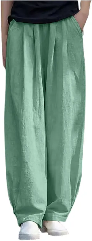 PTOLOCIF Womens Linen Pants Summer Wide Leg Casual Loose Pants High Waist Drawstring Palazzo Capris Trousers with Pockets