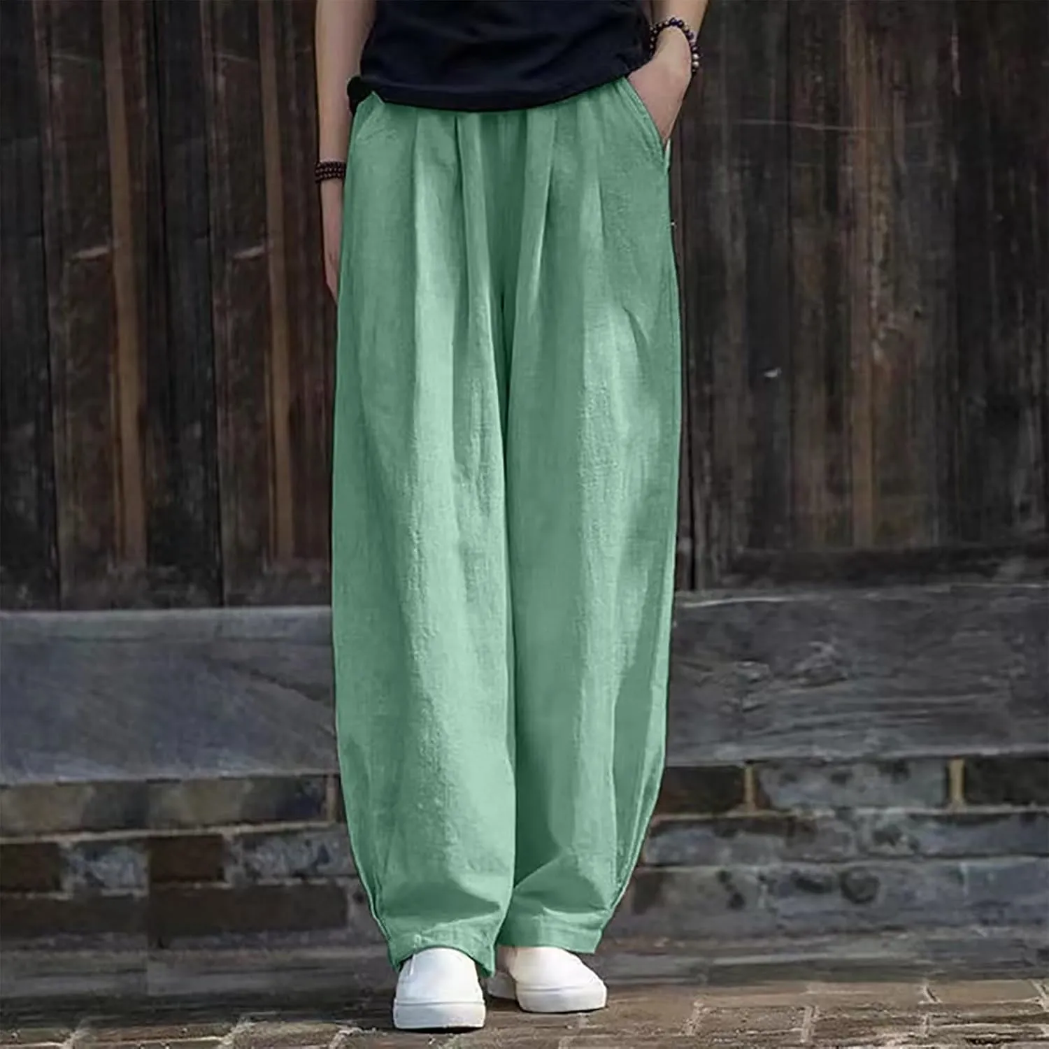 PTOLOCIF Womens Linen Pants Summer Wide Leg Casual Loose Pants High Waist Drawstring Palazzo Capris Trousers with Pockets