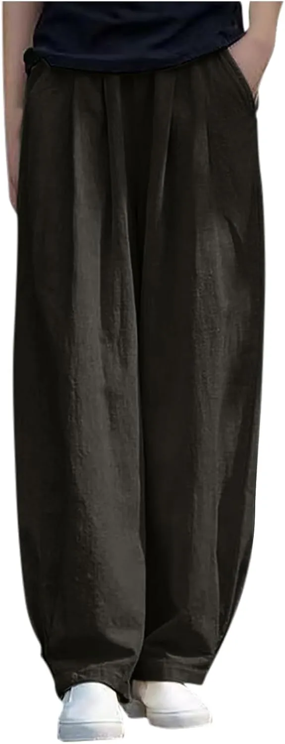 PTOLOCIF Womens Linen Pants Summer Wide Leg Casual Loose Pants High Waist Drawstring Palazzo Capris Trousers with Pockets