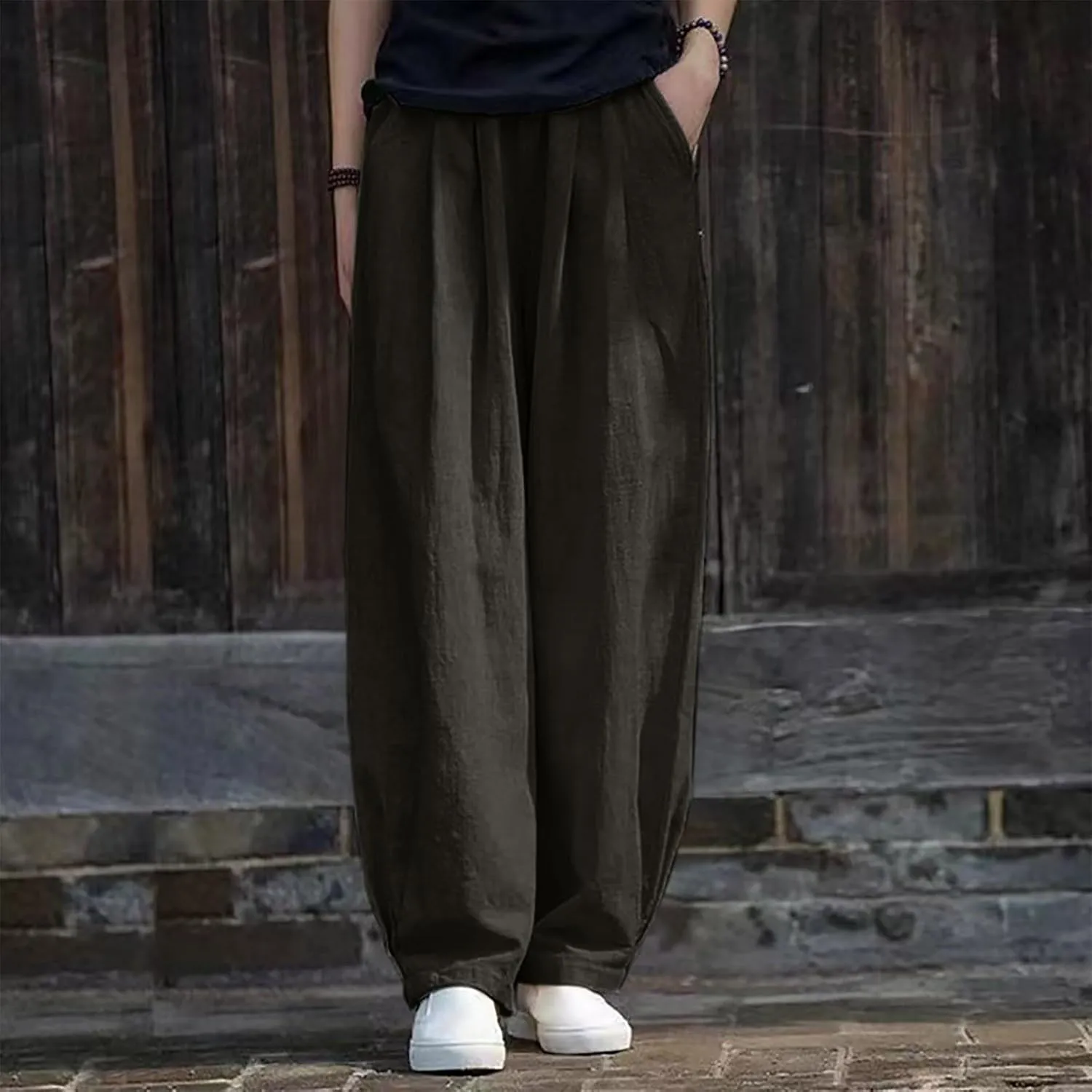PTOLOCIF Womens Linen Pants Summer Wide Leg Casual Loose Pants High Waist Drawstring Palazzo Capris Trousers with Pockets