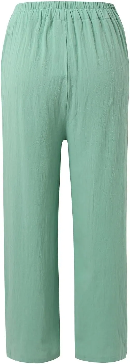 PTOLOCIF Womens Linen Pants Summer Wide Leg Casual Loose Pants High Waist Drawstring Palazzo Capris Trousers with Pockets