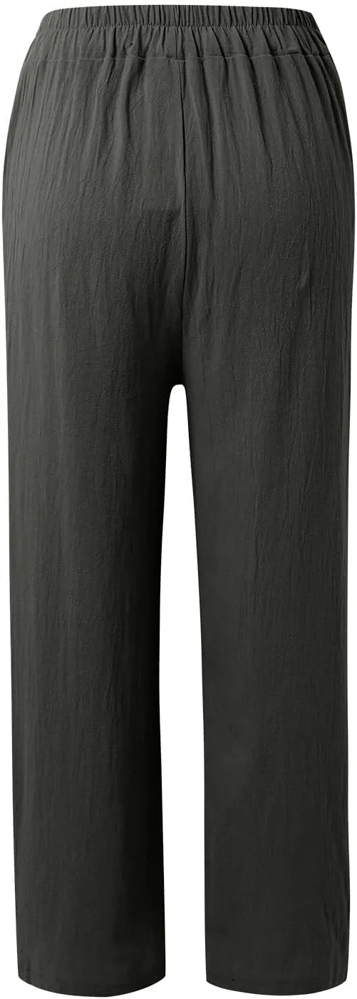 PTOLOCIF Womens Linen Pants Summer Wide Leg Casual Loose Pants High Waist Drawstring Palazzo Capris Trousers with Pockets
